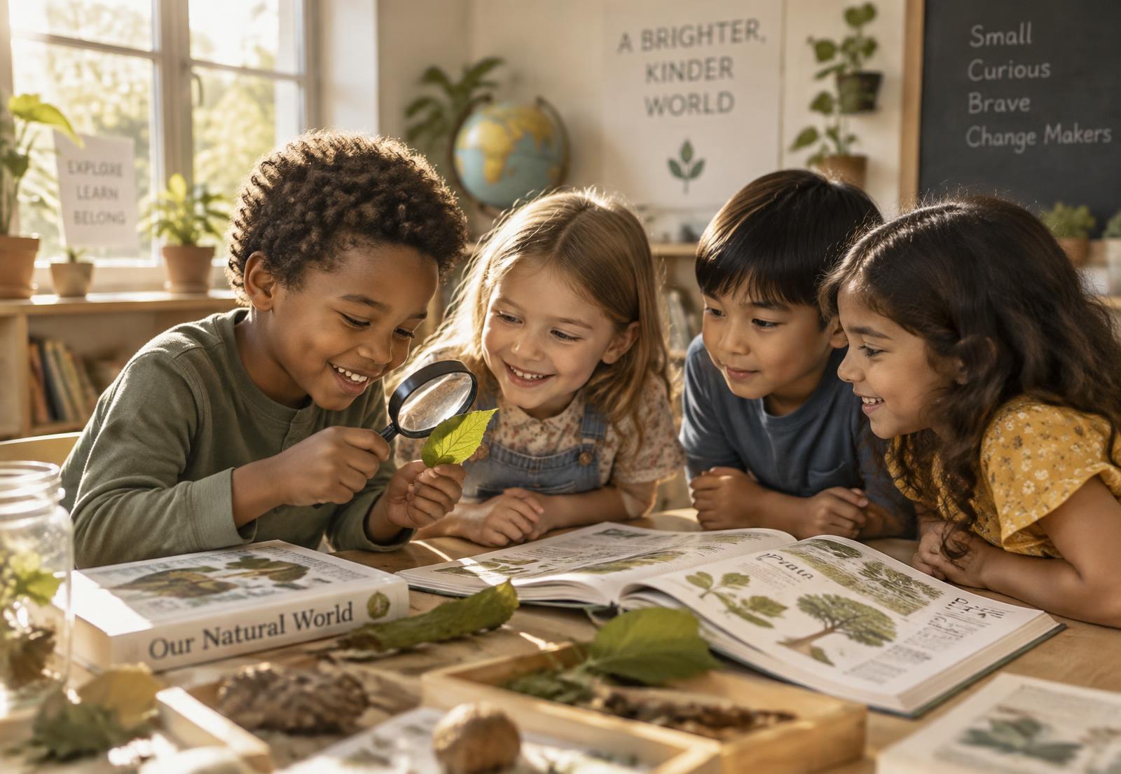 Children exploring an illustrated science book together in a bright classroom